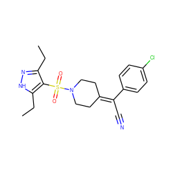 CCc1n[nH]c(CC)c1S(=O)(=O)N1CCC(=C(C#N)c2ccc(Cl)cc2)CC1 ZINC000222813727