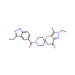 CCc1n[nH]c2ccc(C(=O)N3CCC4(CC3)CC(=O)c3nn(CC)c(C)c3O4)cc12 ZINC000073296531