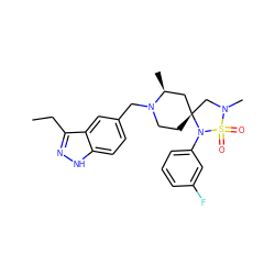 CCc1n[nH]c2ccc(CN3CC[C@@]4(C[C@@H]3C)CN(C)S(=O)(=O)N4c3cccc(F)c3)cc12 ZINC000095578580