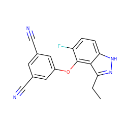 CCc1n[nH]c2ccc(F)c(Oc3cc(C#N)cc(C#N)c3)c12 ZINC000040828633