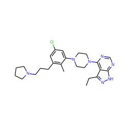 CCc1n[nH]c2ncnc(N3CCN(c4cc(Cl)cc(CCCN5CCCC5)c4C)CC3)c12 ZINC000084614867