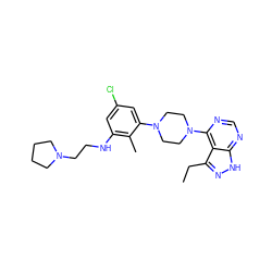 CCc1n[nH]c2ncnc(N3CCN(c4cc(Cl)cc(NCCN5CCCC5)c4C)CC3)c12 ZINC000084603658