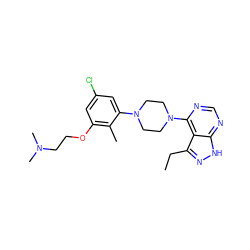 CCc1n[nH]c2ncnc(N3CCN(c4cc(Cl)cc(OCCN(C)C)c4C)CC3)c12 ZINC000084634030