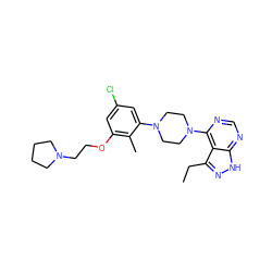 CCc1n[nH]c2ncnc(N3CCN(c4cc(Cl)cc(OCCN5CCCC5)c4C)CC3)c12 ZINC000084602159