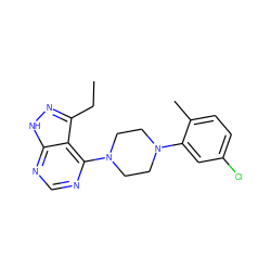 CCc1n[nH]c2ncnc(N3CCN(c4cc(Cl)ccc4C)CC3)c12 ZINC000084615447