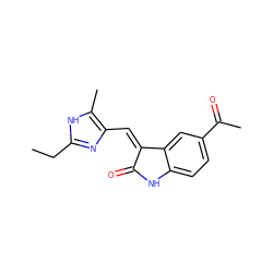 CCc1nc(/C=C2\C(=O)Nc3ccc(C(C)=O)cc32)c(C)[nH]1 ZINC000072107274