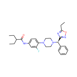 CCc1nc([C@@H](c2ccccc2)N2CCN(c3ccc(NC(=O)C(CC)CC)cc3F)CC2)no1 ZINC000103226239