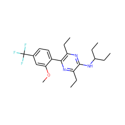 CCc1nc(-c2ccc(C(F)(F)F)cc2OC)c(CC)nc1NC(CC)CC ZINC000072178458