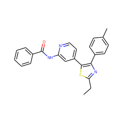 CCc1nc(-c2ccc(C)cc2)c(-c2ccnc(NC(=O)c3ccccc3)c2)s1 ZINC000013673409