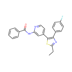 CCc1nc(-c2ccc(F)cc2)c(-c2ccnc(NC(=O)c3ccccc3)c2)s1 ZINC000013673403