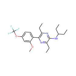 CCc1nc(-c2ccc(OC(F)(F)F)cc2OC)c(CC)nc1NC(CC)CC ZINC000072176576