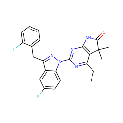 CCc1nc(-n2nc(Cc3ccccc3F)c3cc(F)ccc32)nc2c1C(C)(C)C(=O)N2 ZINC000223808106