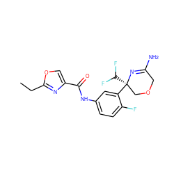 CCc1nc(C(=O)Nc2ccc(F)c([C@]3(C(F)F)COCC(N)=N3)c2)co1 ZINC000113658854