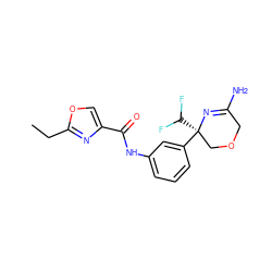 CCc1nc(C(=O)Nc2cccc([C@]3(C(F)F)COCC(N)=N3)c2)co1 ZINC000113659858