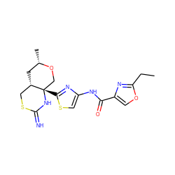 CCc1nc(C(=O)Nc2csc([C@]34CO[C@@H](C)C[C@H]3CSC(=N)N4)n2)co1 ZINC001772576440