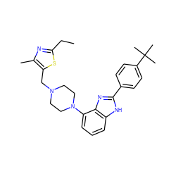 CCc1nc(C)c(CN2CCN(c3cccc4[nH]c(-c5ccc(C(C)(C)C)cc5)nc34)CC2)s1 ZINC000040952618