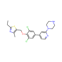 CCc1nc(C)c(COc2c(Cl)cc(-c3ccnc(N4CCNCC4)c3)cc2Cl)s1 ZINC001772576497