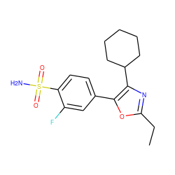 CCc1nc(C2CCCCC2)c(-c2ccc(S(N)(=O)=O)c(F)c2)o1 ZINC000029315739