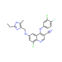 CCc1nc(CNc2cc(Cl)c3ncc(C#N)c(Nc4ccc(F)c(Cl)c4)c3c2)c(C)[nH]1 ZINC000014977462