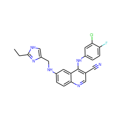 CCc1nc(CNc2ccc3ncc(C#N)c(Nc4ccc(F)c(Cl)c4)c3c2)c[nH]1 ZINC000028604157