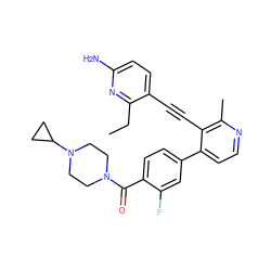 CCc1nc(N)ccc1C#Cc1c(-c2ccc(C(=O)N3CCN(C4CC4)CC3)c(F)c2)ccnc1C ZINC000202384889