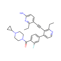 CCc1nc(N)ccc1C#Cc1c(-c2ccc(C(=O)N3CCN(C4CC4)CC3)c(F)c2)ccnc1CC ZINC000202387602