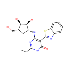 CCc1nc(N[C@@H]2C[C@H](CO)[C@@H](O)[C@H]2O)c(-c2nc3ccccc3s2)c(=O)[nH]1 ZINC000473135147