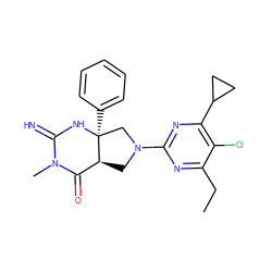 CCc1nc(N2C[C@H]3C(=O)N(C)C(=N)N[C@@]3(c3ccccc3)C2)nc(C2CC2)c1Cl ZINC000096173865