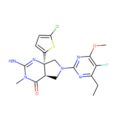 CCc1nc(N2C[C@H]3C(=O)N(C)C(N)=N[C@@]3(c3ccc(Cl)s3)C2)nc(OC)c1F ZINC000140583596