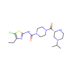 CCc1nc(NC(=O)N2CCN(C(=O)[C@H]3CN(C(C)C)CCN3)CC2)sc1Cl ZINC000653687652