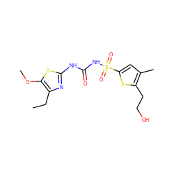 CCc1nc(NC(=O)NS(=O)(=O)c2cc(C)c(CCO)s2)sc1OC ZINC000045371827