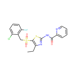 CCc1nc(NC(=O)c2ccccn2)sc1S(=O)(=O)Cc1c(F)cccc1Cl ZINC000198921226