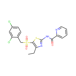 CCc1nc(NC(=O)c2ccccn2)sc1S(=O)(=O)Cc1ccc(Cl)cc1Cl ZINC000198919627