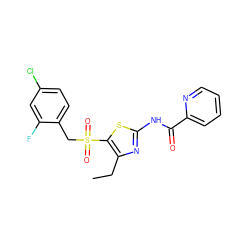 CCc1nc(NC(=O)c2ccccn2)sc1S(=O)(=O)Cc1ccc(Cl)cc1F ZINC000198921204