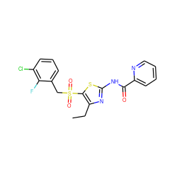 CCc1nc(NC(=O)c2ccccn2)sc1S(=O)(=O)Cc1cccc(Cl)c1F ZINC000198923190