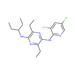 CCc1nc(NC(CC)CC)c(CC)nc1Nc1ncc(Cl)cc1Cl ZINC000028956157