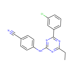 CCc1nc(Nc2ccc(C#N)cc2)nc(-c2cccc(Cl)c2)n1 ZINC000143505395