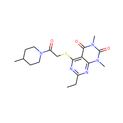 CCc1nc(SCC(=O)N2CCC(C)CC2)c2c(=O)n(C)c(=O)n(C)c2n1 ZINC000004138877