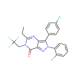 CCc1nc2c(-c3ccc(Cl)cc3)n(-c3ccccc3Cl)nc2c(=O)n1CC(F)(F)F ZINC000028569732