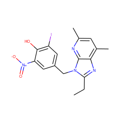 CCc1nc2c(C)cc(C)nc2n1Cc1cc(I)c(O)c([N+](=O)[O-])c1 ZINC000026250959