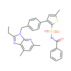 CCc1nc2c(C)cc(C)nc2n1Cc1ccc(-c2cc(C)sc2S(=O)(=O)NC(=O)c2ccccc2)cc1 ZINC000029568392