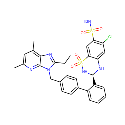 CCc1nc2c(C)cc(C)nc2n1Cc1ccc(-c2ccccc2[C@@H]2Nc3cc(Cl)c(S(N)(=O)=O)cc3S(=O)(=O)N2)cc1 ZINC000027518473