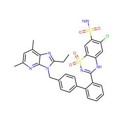 CCc1nc2c(C)cc(C)nc2n1Cc1ccc(-c2ccccc2C2=NS(=O)(=O)c3cc(S(N)(=O)=O)c(Cl)cc3N2)cc1 ZINC000027518340