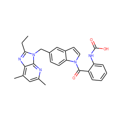 CCc1nc2c(C)cc(C)nc2n1Cc1ccc2c(ccn2C(=O)c2ccccc2NC(=O)O)c1 ZINC000013732375