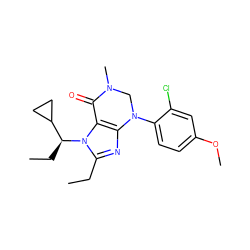 CCc1nc2c(n1[C@@H](CC)C1CC1)C(=O)N(C)CN2c1ccc(OC)cc1Cl ZINC000013582837