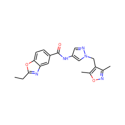 CCc1nc2cc(C(=O)Nc3cnn(Cc4c(C)noc4C)c3)ccc2o1 ZINC000115731461