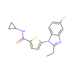 CCc1nc2cc(F)ccc2n1-c1ccc(C(=O)NC2CC2)s1 ZINC000169701608