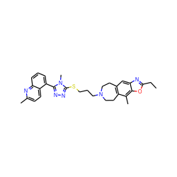 CCc1nc2cc3c(c(C)c2o1)CCN(CCCSc1nnc(-c2cccc4nc(C)ccc24)n1C)CC3 ZINC000029127468