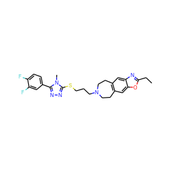 CCc1nc2cc3c(cc2o1)CCN(CCCSc1nnc(-c2ccc(F)c(F)c2)n1C)CC3 ZINC000029127174