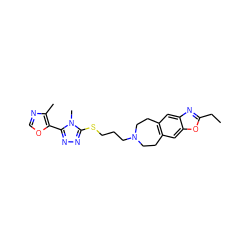 CCc1nc2cc3c(cc2o1)CCN(CCCSc1nnc(-c2ocnc2C)n1C)CC3 ZINC000029126761